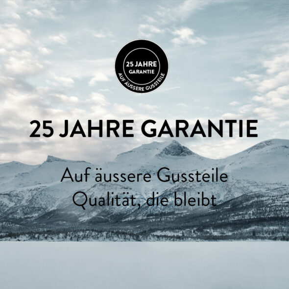 Grafik, die 25 Jahre Garantie auf Jøtuls äußere Gussteile hervorhebt – ein Zeichen für Qualität und Langlebigkeit